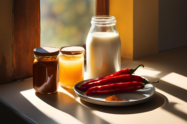 Du miel, du lait et une assiette de piments